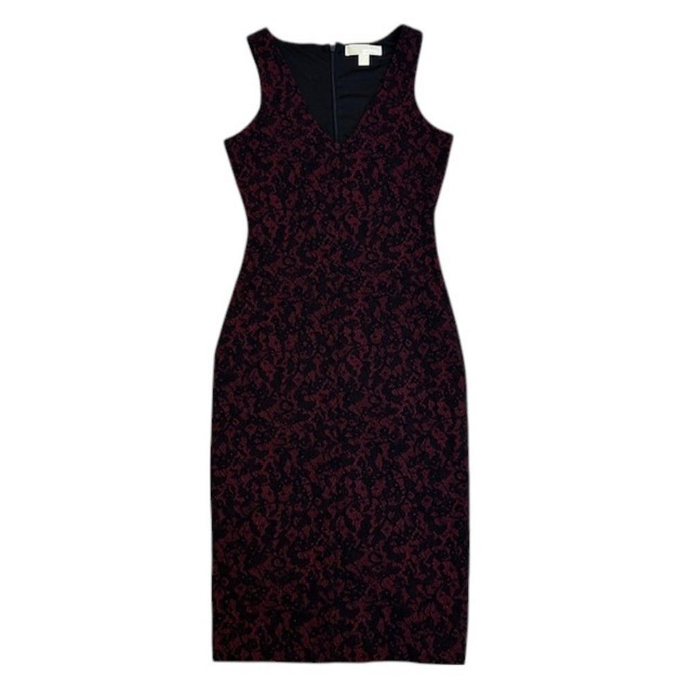 Michael Kors Bodycon Dress Sleeveless V-Neck Burgundy Black Pattern Lace Size 2 - Picture 5 of 16